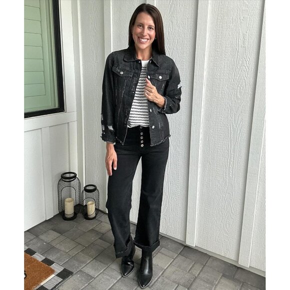 Womens Wide Leg Jeans High Waisted Straight Leg Stretchy Button Fly Raw Hem - Picture 6 of 6